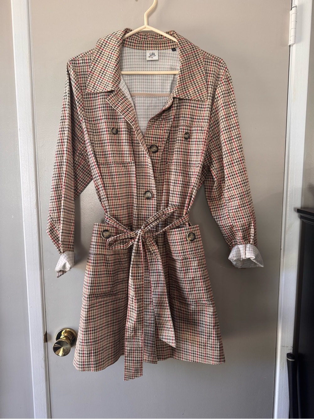 CAbi Plaid Tie-Waist Trench Coat in Red, Black & Cream